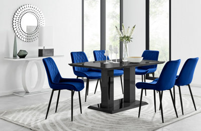 Furniturebox Imperia Black High Gloss 6 Seater Dining Table With Structural 2 Plinth Column Legs 6 Navy Velvet Black Leg Pesaro Chairs from B&Q