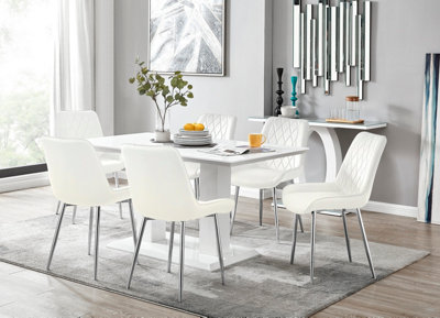 Furniturebox Imperia White High Gloss 6 Seater Dining Table With Structural 2 Plinth Column Legs 6 Cream Velvet Silver Leg Pesaro Chairs from B&Q