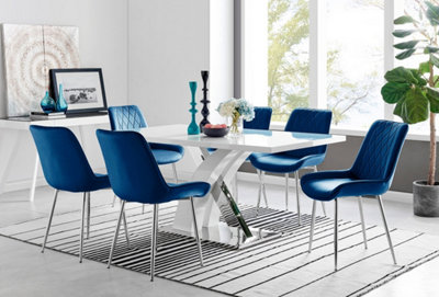 Furniturebox Atlanta High Gloss And Chrome 6 Seater Dining Table With Statement X Shaped Legs And 6 Navy Velvet Pesaro Chairs White