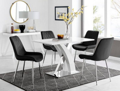 B&Q -  Atlanta White High Gloss And Chrome 4 Seater Dining Table With Statement X Shaped Legs And 4 Black Velvet Pesaro Chairs