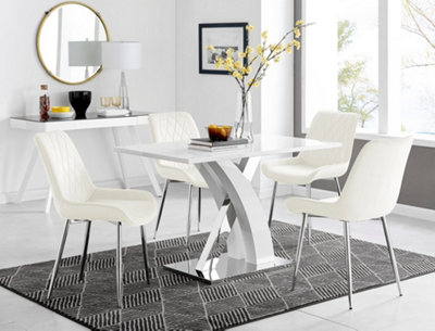B&Q -  Atlanta White High Gloss And Chrome 4 Seater Dining Table With Statement X Shaped Legs And 4 Cream Velvet Pesaro Chairs
