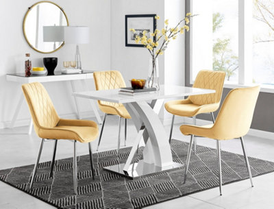 Furniturebox Atlanta High Gloss And Chrome 4 Seater Dining Table With Statement X Shaped Legs And 4 Mustard Velvet Pesaro Chairs White