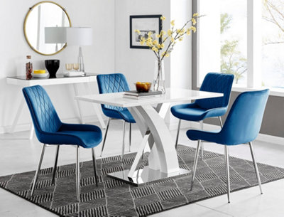 Furniturebox Atlanta High Gloss And Chrome 4 Seater Dining Table With Statement X Shaped Legs And 4 Navy Velvet Pesaro Chairs White
