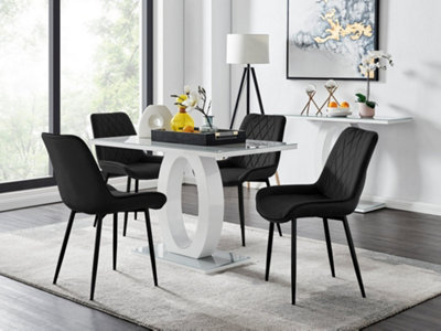 Furniturebox Giovani Rectangular 4 Seat White High Gloss Unique Halo Base Dining Table Grey Glass Top 4 Black Velvet Black Leg Pesaro Chairs from B&Q