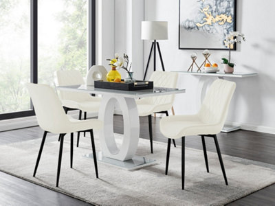 B&Q -  Giovani Rectangular 4 Seat White High Gloss Unique Halo Base Dining Table Grey Glass Top 4 Cream Velvet Black Leg Pesaro Chairs