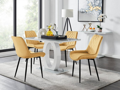 Furniturebox Giovani Rectangular 4 Seat White High Gloss Unique Halo Base Dining Table Grey Glass Top 4 Mustard Velvet Black Leg Pesaro Chairs from B&Q