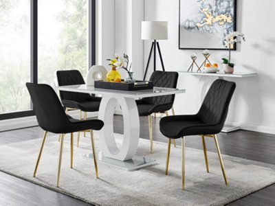 B&Q -  Giovani Rectangular 4 Seat White High Gloss Unique Halo Base Dining Table Grey Glass Top 4 Black Velvet Gold Leg Pesaro Chairs