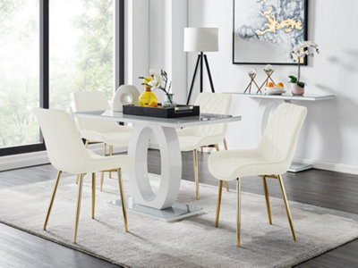 B&Q -  Giovani Rectangular 4 Seat White High Gloss Unique Halo Base Dining Table Grey Glass Top 4 Cream Velvet Gold Leg Pesaro Chairs