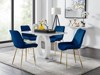 B&Q -  Giovani Rectangular 4 Seat White High Gloss Unique Halo Base Dining Table Grey Glass Top 4 Navy Velvet Gold Leg Pesaro Chairs