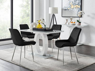 B&Q -  Giovani Rectangular 4 Seat White High Gloss Unique Halo Base Dining Table Grey Glass Top 4 Black Velvet Silver Leg Pesaro Chairs