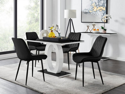 Furniturebox Giovani Rectangular 4 Seat White High Gloss Unique Halo Base Dining Table Black Glass Top 4 Black Velvet Black Leg Pesaro Chairs from B&Q