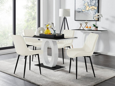 Furniturebox Giovani Rectangular 4 Seat High Gloss Unique Halo Base Dining Table Glass Top 4 Velvet Leg Pesaro Chairs White/Black/Cream