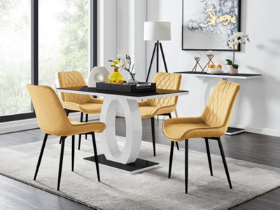 Furniturebox Giovani Rectangular 4 Seat White High Gloss Unique Halo Dining Table Black Glass Top 4 Mustard Velvet Black Leg Pesaro Chairs from B&Q
