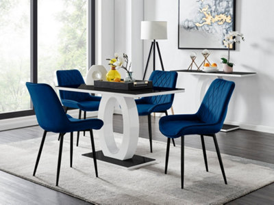 Furniturebox Giovani Rectangular 4 Seat White High Gloss Unique Halo Base Dining Table Black Glass Top 4 Navy Velvet Black Leg Pesaro Chairs from B&Q