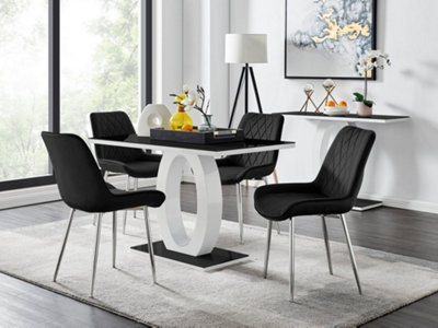 Furniturebox Giovani Rectangular 4 Seat White High Gloss Unique Halo Base Dining Table Black Glass Top 4 Black Velvet Silver Leg Pesaro Chairs from B&Q