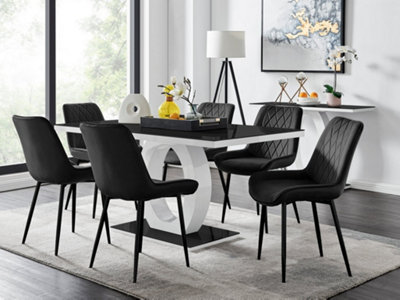 Furniturebox Giovani Rectangular 6 Seat White High Gloss Unique Halo Base Dining Table Black Glass Top 6 Black Velvet Black Leg Pesaro Chairs from B&Q