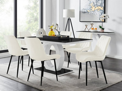 Furniturebox Giovani Rectangular 6 Seat High Gloss Unique Halo Base Dining Table Glass Top 6 Velvet Leg Pesaro Chairs White/Black/Cream