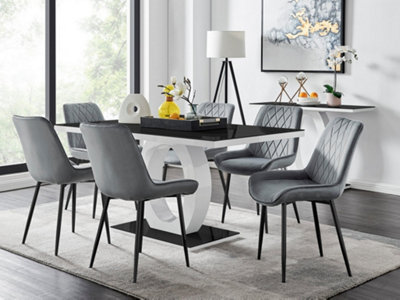 Furniturebox Giovani Rectangular 6 Seat White High Gloss Unique Halo Base Dining Table Black Glass Top 6 Grey Velvet Black Leg Pesaro Chairs from B&Q