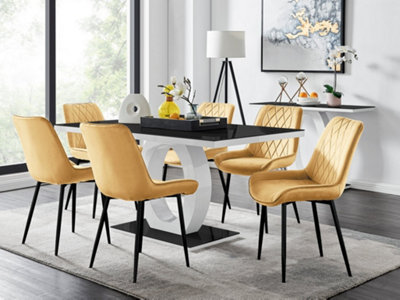Furniturebox Giovani Rectangular 6 Seat White High Gloss Unique Halo Base Dining Table Black Glass Top 6 Mustard Velvet Black Leg Pesaro Chairs from B&Q
