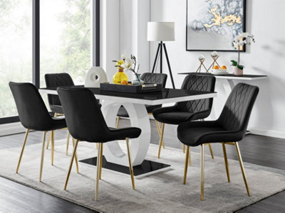 Furniturebox Giovani Rectangular 6 Seat White High Gloss Unique Halo Base Dining Table Black Glass Top 6 Black Velvet Gold Leg Pesaro Chairs from B&Q