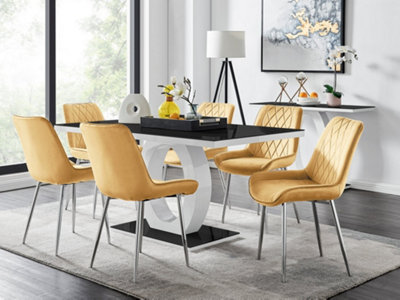 Furniturebox Giovani Rectangular 6 Seat High Gloss Unique Halo Dining Table Glass Top 6 Mustard Velvet Leg Pesaro Chairs White/Black/Silver