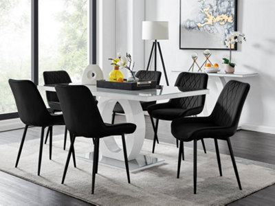 Furniturebox Giovani Rectangular 6 Seat White High Gloss Unique Halo Base Dining Table Grey Glass Top 6 Black Velvet Black Leg Pesaro Chairs from B&Q