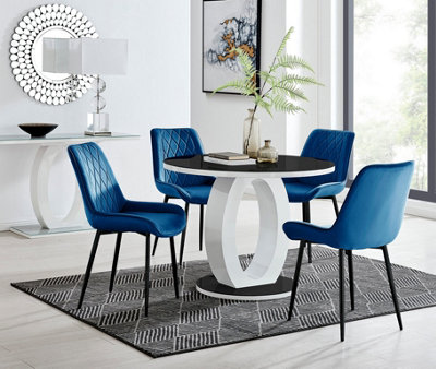 Furniturebox Giovani Round 4 Seat 100Cm White High Gloss Halo Base Black Glass Top Dining Table 4 Navy Velvet Black Leg Pesaro Chairs White/Black