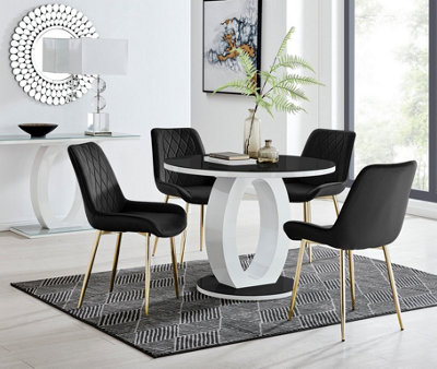 White/Black Furniturebox Giovani Round Seat 100Cm White High Gloss Halo Base Black Glass Top Dining Table Black Velvet Gold Leg Pesaro Chairs Size 4