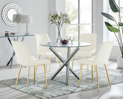 Furniturebox Uk Selina Round Dining Table And 4 Pesaro Leg Chairs Cream/Gold