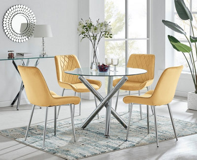 Furniturebox Uk Selina Round Dining Table And 4 Mustard Pesaro Leg Chairs Silver
