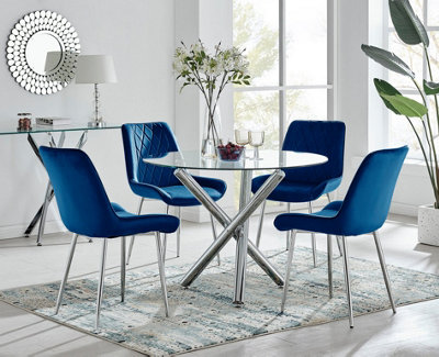B&Q -  Uk Selina Round Dining Table And 4 Navy Pesaro Silver Leg Chairs