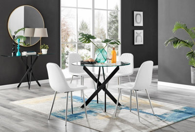 Furniturebox Uk Novara Black Leg Round Glass Dining Table & 4 White Corona Silver Chairs from B&Q