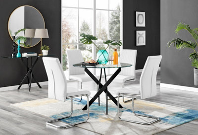 B&Q -  Uk Novara Black Leg Round Glass Dining Table & 4 White Lorenzo Chairs