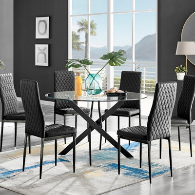 Furniturebox Uk Novara Black Leg 120Cm Round Glass Dining Table & 6 Black Milan Black Leg Chairs from B&Q
