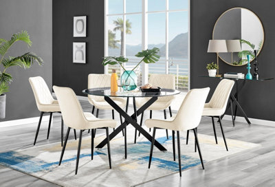 Furniturebox Uk Novara Black Leg 120Cm Round Glass Dining Table & 6 Cream Pesaro Black Leg Chairs from B&Q