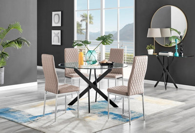 Furniturebox Uk Novara Black Leg 120Cm Round Glass Dining Table & 4 Cappuccino Milan Chrome Leg Chairs from B&Q