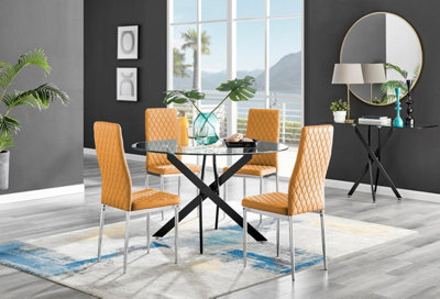 Furniturebox Uk Novara Black Leg 120Cm Round Glass Dining Table & 4 Mustard Milan Chrome Leg Chairs from B&Q