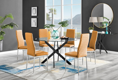 Furniturebox Uk Novara Black Leg 120Cm Round Glass Dining Table & 6 Mustard Milan Chrome Leg Chairs from B&Q