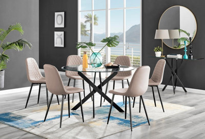 Furniturebox Uk Novara Black Leg 120Cm Round Glass Dining Table & 6 Cappuccino Corona Black Leg Chairs from B&Q