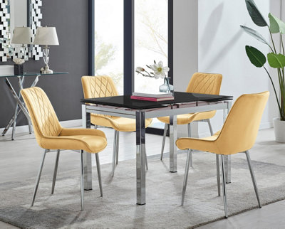 Furniturebox Black/Silver Uk Enna Glass Extending Dining Table And Mustard Pesaro Leg Chairs Size 4