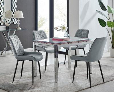 B&Q -  Uk Enna White Glass Extending Dining Table And 4 Grey Pesaro Silver Leg Chairs