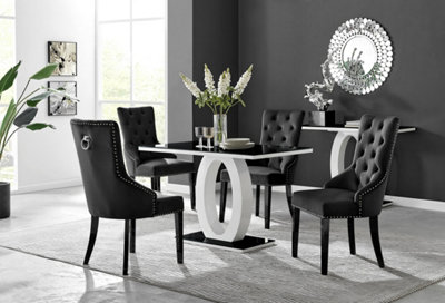 Furniturebox Giovani Rectangular 4 Seat High Gloss Unique Halo Dining Table Glass Top 4 Velvet Leg Belgravia Chairs White/Black