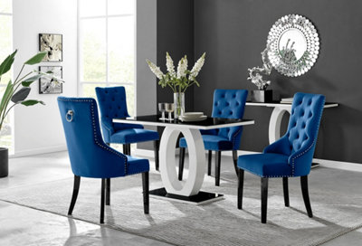 Furniturebox Giovani Rectangular 4 Seat High Gloss Unique Halo Dining Table Glass Top 4 Velvet Leg Belgravia Chairs White/Black/Blue