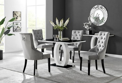 Furniturebox Giovani Rectangular 4 Seat High Gloss Unique Halo Dining Table Glass Top 4 Velvet Leg Belgravia Chairs White/Black/Grey
