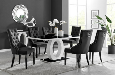Furniturebox Giovani Rectangular 6 Seat High Gloss Unique Halo Dining Table Glass Top 6 Velvet Leg Belgravia Chairs White/Black