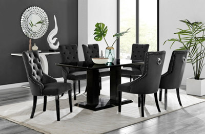 Furniturebox Imperia Black High Gloss 6 Seater Dining Table With Structural 2 Plinth Column Legs 6 Black Velvet Black Leg Belgravia Chairs from B&Q