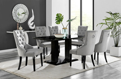 Furniturebox Imperia Black High Gloss 6 Seater Dining Table With Structural 2 Plinth Column Legs 6 Grey Velvet Black Leg Belgravia Chairs from B&Q