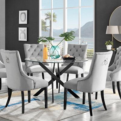 Furniturebox Uk Novara Black Leg 120Cm Round Glass Dining Table & 6 Grey Belgravia Black Leg Chairs from B&Q