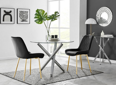 B&Q -  Uk Selina Round Dining Table And 2 Black Pesaro Gold Leg Chairs