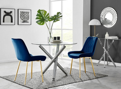 B&Q -  Uk Selina Round Dining Table And 2 Navy Pesaro Gold Leg Chairs